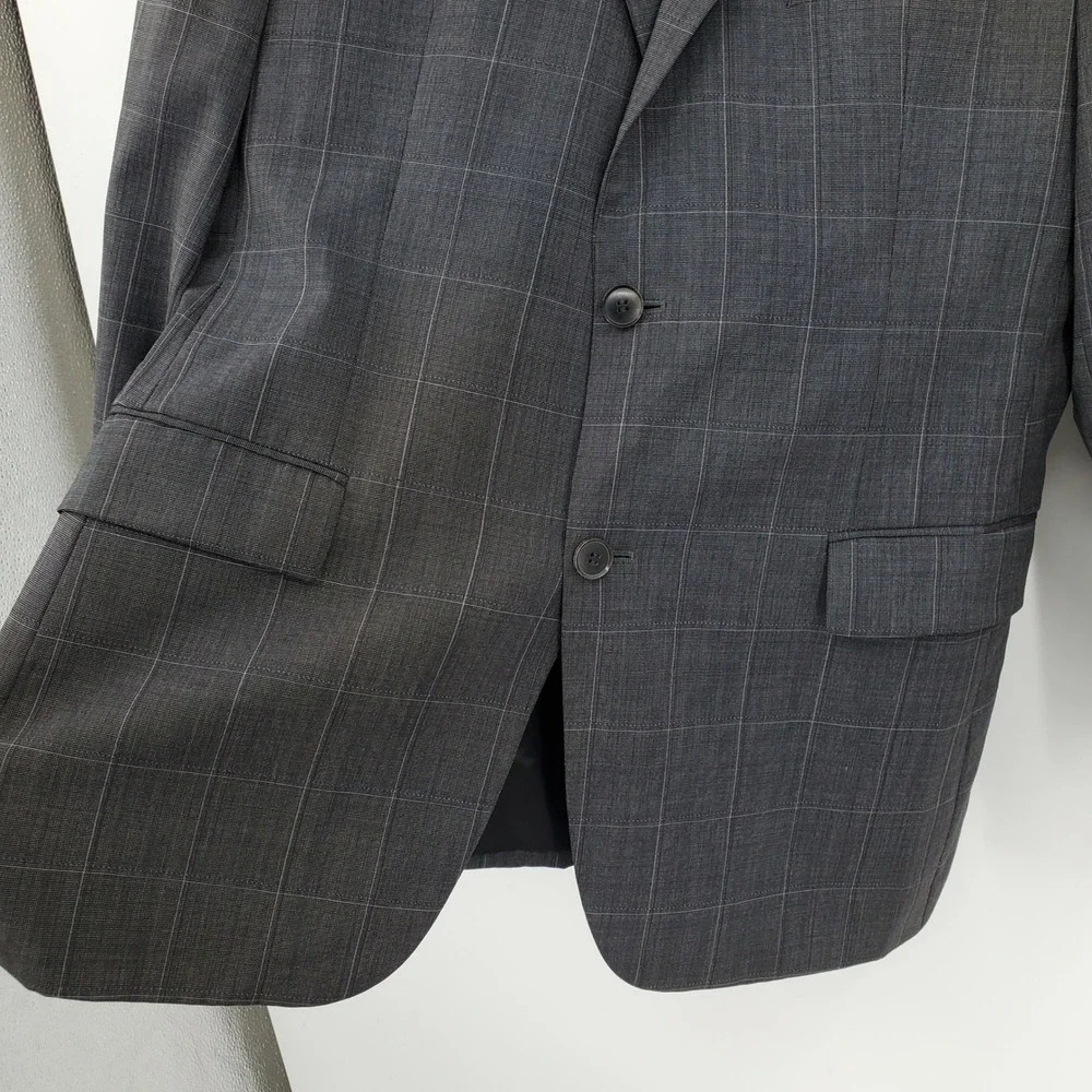 Hugo Boss Mens 40R Grey‎ Windowpane Virgin Wool Blazer Sport Coat Paolini/Movio